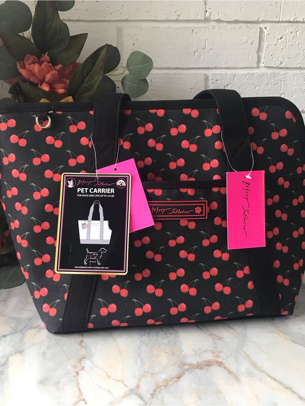 Betsey Johnson Black Cherry Print Pet Carrier Tote Shoulder Strap New